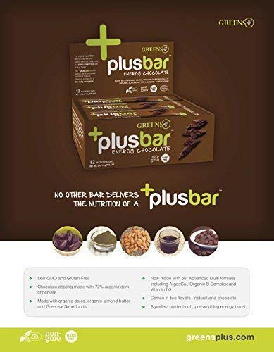 Greens+ Plusbar Energy Chocolate | Organic | Vegan | Non-GMO | Soy, Dairy & Gluten Free Bar Made with Organic Dates, Dark Chocolate, Almonds & Superfoods |EcoCert Certified| 70% Cacao, Box of 12 Bars Supplement Greens+ 
