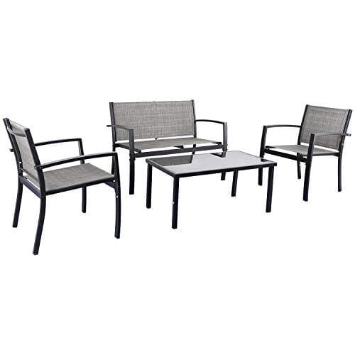 JUMMICO 4 Pieces Patio Furniture Set Modern Conversation Set Outdoor Garden Patio Bistro Set with Glass Coffee Table for Home, Porch, Lawn (Grey) Lawn & Patio JUMMICO 