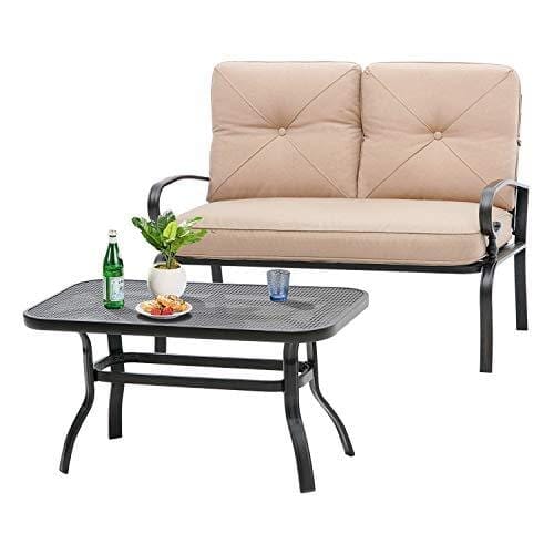 Incbruce Outdoor Patio Furniture Loveseat 2-Piece and Bistro Coffee Table Set Furniture Bench with Cushion, Lawn Front Porch Garden, Steel Frame, Brown Lawn & Patio Incbruce 