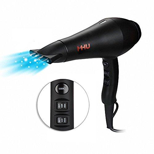 MHU Professional Salon Grade 1875w Low Noise Ionic Ceramic Ac Infrared Heat Hair Dryer Plus One Concentrator and One Diffuser Black Color Hair Dryer MHD 