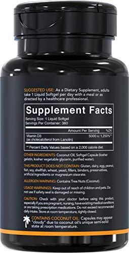High Potency Vitamin D3 (5000iu) enhanced with Coconut Oil for Better Absorption ~ Bone, Joint and Immune system support ~ Non-GMO & Gluten Free, 360 Mini Liquid Softgels Supplement Sports Research 