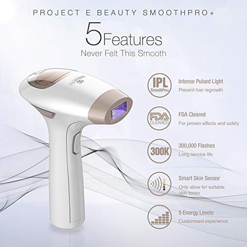 Laser Hair Removal Device IPL | FDA Cleared Project E Beauty SmoothPro+ Women 300,000 Flashes Permanent Painless Reduction in Hair Regrowth for Body Face Corded Professional Treatment Home Use Beauty Project E Beauty 