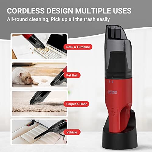 LIVING ENRICHMENT Handheld Vacuum Cleaner, Powerful Suction 4K-6KPa, Rechargeable Car Vacuum Cleaner, Single Touch Empty and Detachable Dust Cup, with Crevice Nozzle and & Cleaning Brush, Red Home Living Enrichment 