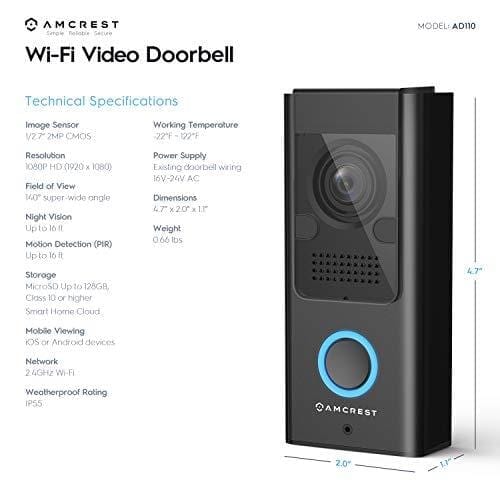 Amcrest 1080P Video Doorbell Camera Pro, Outdoor Smart Home 2.4GHz Wireless WiFi Doorbell Camera w/Micro SD Card, PIR Motion Detector, RTSP, IP55 Weatherproof, 2-Way Audio, 140º Wide-Angle Wi-Fi AD110 Electronics Amcrest 
