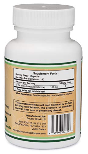 DHEA 100mg – 180 Capsules -Third Party Tested, Made in The USA (Max Strength, 6 Month Supply) for Women and Men by Double Wood Supplements Supplement Double Wood Supplements 