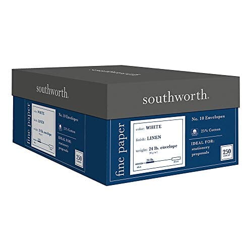 Southworth 24% Cotton #10 Envelopes, 4.125" x 9.5", 24 lb/90 GSM, Linen Finish, White, 250 Count - Packaging May Vary (J554-10) Office Product Southworth 
