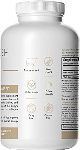 Codeage Grass Fed Beef Liver (Desiccated), 180 Count — Natural Iron, Vitamin A, D, K, E, B12 for Energy, CoQ10, Choline, Folate, 3000mg per Servings, 100% Pasture Raised in Argentina Supplement Code Age 