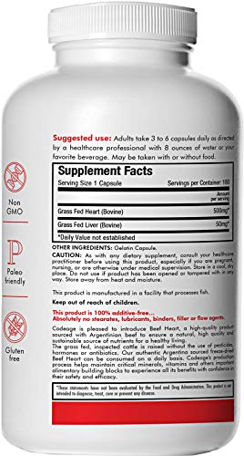 Codeage Grass Fed Beef Heart (Desiccated), 180 Count — Natural CoQ10, Supports Heart, Mitochondrial & Blood Pressure Health, 3000mg per Servings, 100% Pasture Raised in Argentina Supplement Code Age 