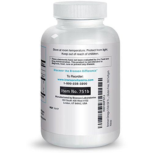 Bronson Omega 3 Fish Oil Triple Strength 2720 mg, Non-GMO, Gluten Free, Soy Free, Heavy Metal Tested, 1250 EPA 488 DHA, 360 Softgels Supplement Bronson 
