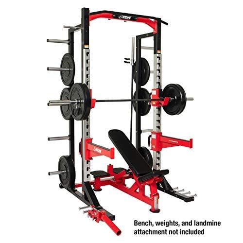 Lifeline Commercial Half Rack - 10 Olympic Plate Storage Horns, 4 Vertical Barbell Storage Tubes, Resistance Band Hooks, Multi-Grip Pull-Up Bar (Dip Station & Weights not Included), Black/Red (LLCHR) Sports Lifeline 