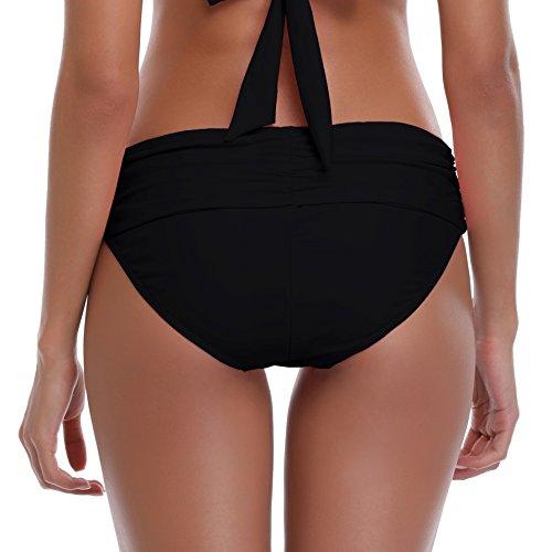 SHEKINI Women's Swimsuit Hipster Bikini Bottoms Full Coverage Ruched High Waisted Swim Bottoms (Medium/(US 8-10), Manhattan Black) Women's Swimwear SHEKINI 