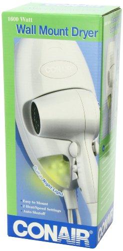 Conair Wallmount 1600 Watt Hair Dryer with LED Night Light; White Hair Dryer Conair 