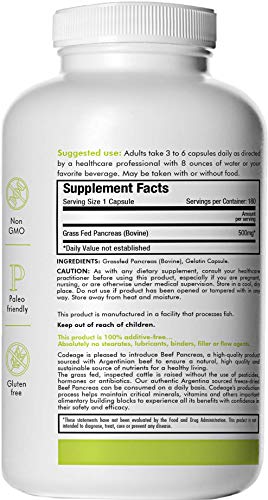 Codeage Grass Fed Pancreas, 180 Count — Digestive & Proteolytic Enzymes (Including Trypsin) & Pancreatic Support, 100% Pasture Raised in Argentina Supplement Code Age 