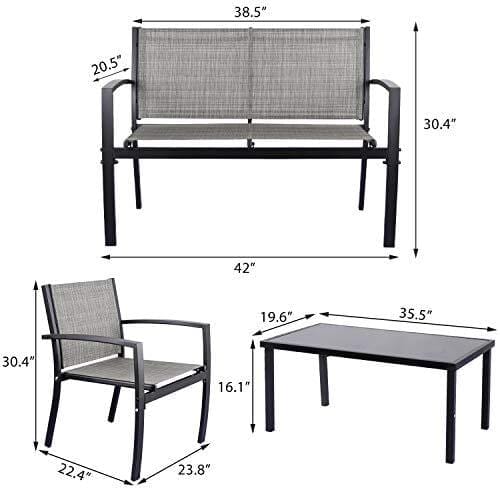 JUMMICO 4 Pieces Patio Furniture Set Modern Conversation Set Outdoor Garden Patio Bistro Set with Glass Coffee Table for Home, Porch, Lawn (Grey) Lawn & Patio JUMMICO 
