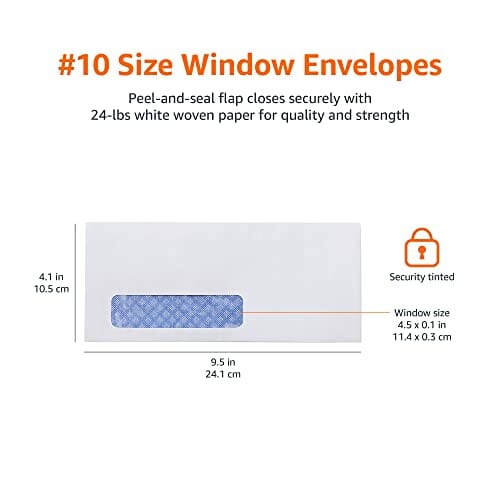 Amazon Basics #10 Security-Tinted Self-Seal Business Envelopes with Left Window, Peel & Seal Closure - 500-Pack, White Office Product Amazon Basics 