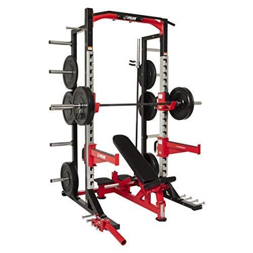 Lifeline Commercial Half Rack - 10 Olympic Plate Storage Horns, 4 Vertical Barbell Storage Tubes, Resistance Band Hooks, Multi-Grip Pull-Up Bar (Dip Station & Weights not Included), Black/Red (LLCHR) Sports Lifeline 