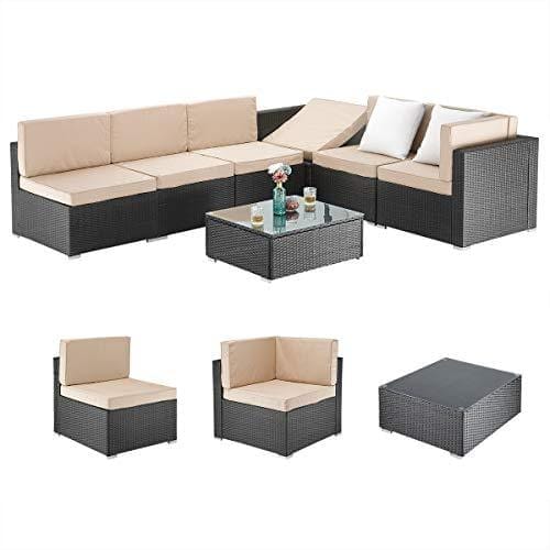 PAMAPIC 7 Pieces Patio Furniture，Outdoor Rattan Sectional Sofa Conversation Set with Tea Table and Washable Cushions, Beige Lawn & Patio PAMAPIC 