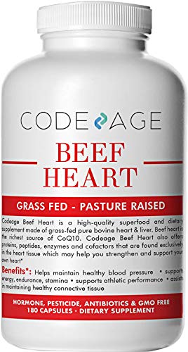 Codeage Grass Fed Beef Heart (Desiccated), 180 Count — Natural CoQ10, Supports Heart, Mitochondrial & Blood Pressure Health, 3000mg per Servings, 100% Pasture Raised in Argentina Supplement Code Age 