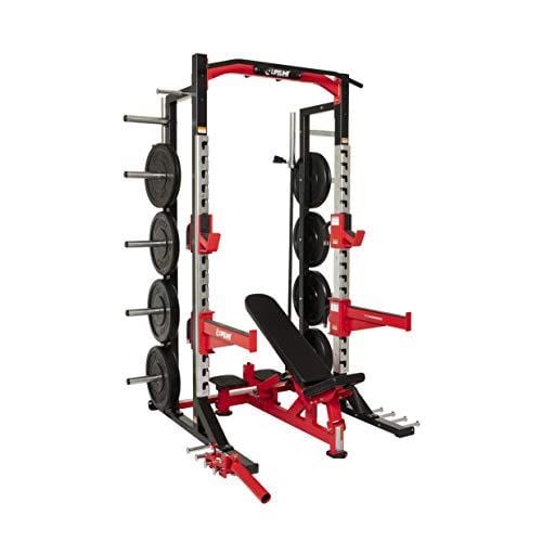 Lifeline Commercial Half Rack - 10 Olympic Plate Storage Horns, 4 Vertical Barbell Storage Tubes, Resistance Band Hooks, Multi-Grip Pull-Up Bar (Dip Station & Weights not Included), Black/Red (LLCHR) Sports Lifeline 