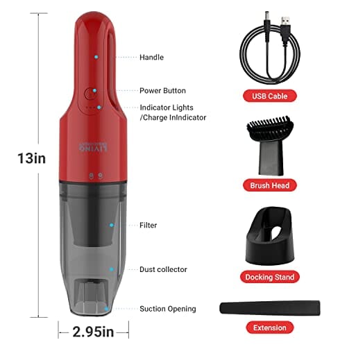 LIVING ENRICHMENT Handheld Vacuum Cleaner, Powerful Suction 4K-6KPa, Rechargeable Car Vacuum Cleaner, Single Touch Empty and Detachable Dust Cup, with Crevice Nozzle and & Cleaning Brush, Red Home Living Enrichment 