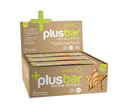 Greens+ Plusbar Protein Natural | Non GMO | Soy, Dairy & Gluten Free Bars Made with Peanut Butter, Whey Protein Isolate and Greens + Superfoods | Cold Processed | 19g Protein | Box of 12 Bars Supplement Greens+ 