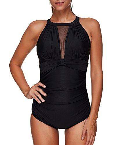 Tempt Me Women One Piece High Neck V-Neckline Mesh Ruched Monokini Swimwear Black L Women's Swimwear Tempt Me 