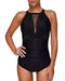 Tempt Me Women One Piece High Neck V-Neckline Mesh Ruched Monokini Swimwear Black L Women's Swimwear Tempt Me 