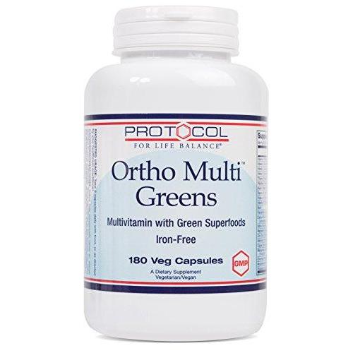 Protocol For Life Balance - Ortho Multi Greens - Multivitamin with Green Superfoods, Mix of Organic Spirulina, Chlorella, Alfalfa, Green Tea Extract, More (Iron-Free) - 180 Veg Capsules Supplement Protocol For Life Balance 