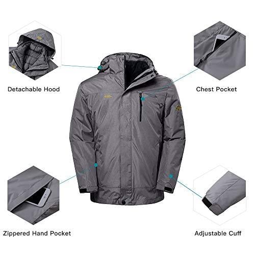 Wantdo Men's Windproof 3-in-1 Ski Jacket Waterproof Wind Breaker with Removable Puffer Liner Insulated Winter Coat for Hiking(Grey, Small) Ski Wantdo 