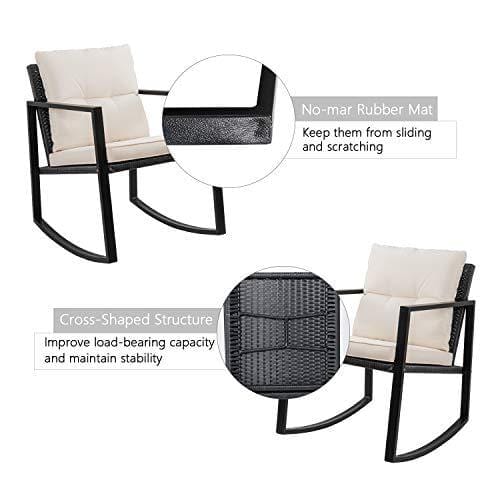 Flamaker 3 Pieces Patio Furniture Set Rocking Wicker Bistro Sets Modern Outdoor Rocking Chair Furniture Sets Cushioned PE Rattan Chairs Conversation Sets with Coffee Table (Beige) Lawn & Patio Flamaker 