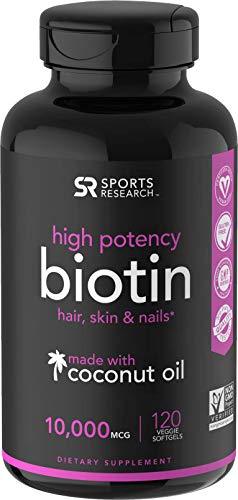 High Potency Biotin (10,000mcg) with Organic Coconut Oil | Supports Healthy Hair,Skin & Nails | Non-GMO Verified & Vegan Certified |120 Veggie-Softgels Supplement Sports Research 