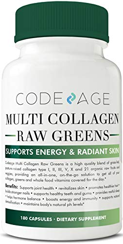 Multi-Collagen Pills + Raw Greens Superfood - 180 Count - Grass-Fed Collagen Type I, II, III, V, X and 21+ Organic Whole Foods (Celery Seed Extract, Spirulina, Chlorella, Broccoli) Collagen Greens Supplement Code Age 