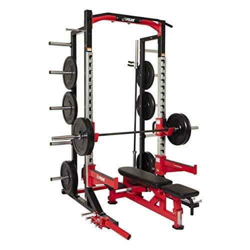 Lifeline Commercial Half Rack - 10 Olympic Plate Storage Horns, 4 Vertical Barbell Storage Tubes, Resistance Band Hooks, Multi-Grip Pull-Up Bar (Dip Station & Weights not Included), Black/Red (LLCHR) Sports Lifeline 