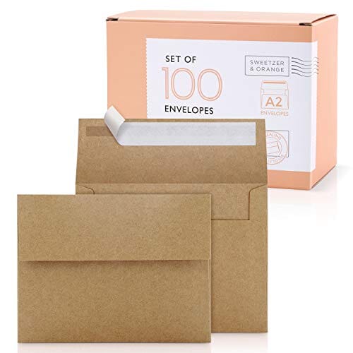 Sweetzer & Orange A2 Envelopes (100 with Box). Brown Envelopes Self Seal. Luxury 150gsm For Greeting Card Envelopes and Invitation Envelopes 4-3/8 x 5-3/4, RSVP Envelopes, Plain Kraft Envelopes. Office Product Sweetzer & Orange 