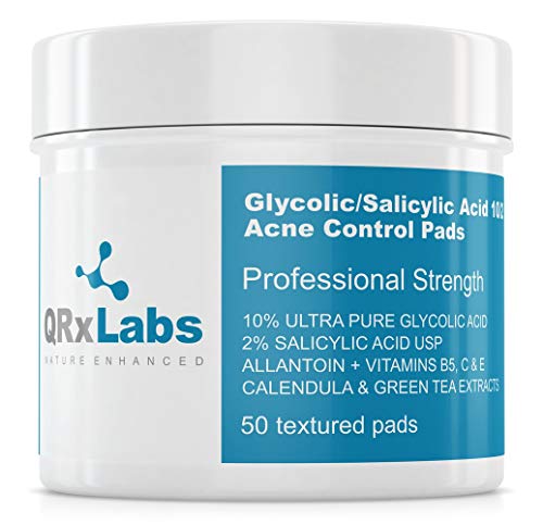 Glycolic/Salicylic Acid 10/2 Acne Control Pads with 10% Ultra Pure Glycolic Acid + 2% Salicylic Acid USP, Allantoin, Vitamins B5, C & E, Calendula & Green Tea - Helps Clear Up and Control Acne Skin Care QRxLabs 