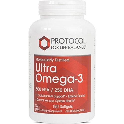 Protocol For Life Balance - Ultra Omega-3 (500 EPA/250 DHA) - Supports Cardiovascular and Cognitive Function, Healthy Heart, Brain, Joints, Mood, Skin and Hair - 180 Softgels Supplement Protocol For Life Balance 