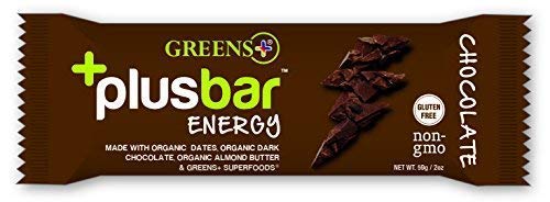 Greens+ Plusbar Energy Chocolate | Organic | Vegan | Non-GMO | Soy, Dairy & Gluten Free Bar Made with Organic Dates, Dark Chocolate, Almonds & Superfoods |EcoCert Certified| 70% Cacao, Box of 12 Bars Supplement Greens+ 