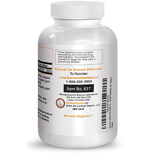Bronson Vitamin D3 2000 IU Certified Organic Vitamin D, Non-GMO, USDA Certified, 90 Tablets Supplement Bronson 