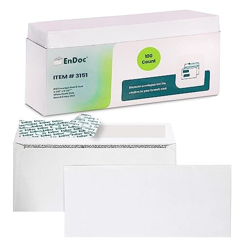 Endoc Letter Size #10 Business Envelopes Self Seal - 100 Count, Tinted Security Envelope 4 1/8 x 9 1/2 Inches, Non-Lick and Windowless Envelopes, 24 LB Paper - Plain White Office Product EnDoc 