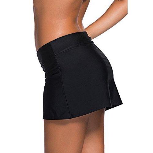 REKITA Women Swim Skirt Solid Color Waistband Skort Bikini Bottom,Large,Black Women's Swimwear REKITA 