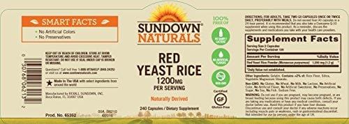 Sundown Naturals Red Yeast Rice 1200 mg Capsules (240 Count), Naturally Derived, Gluten Free, Dairy Free, Non-GMO, No Artificial Flavors Supplement Sundown Naturals 