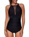 Tempt Me Women One Piece High Neck V-Neckline Mesh Ruched Monokini Swimwear Black L Women's Swimwear Tempt Me 