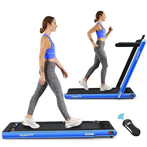 Goplus 2 in 1 Folding Treadmill, 2.25HP Under Desk Electric Treadmill, Installation-Free, with Bluetooth Speaker, Remote Control and LED Display, Walking Jogging Machine for Home/Office Use (Blue) Sports Goplus 