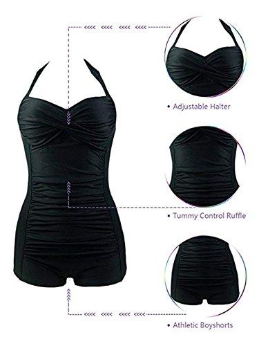 Century Star Women's Retro Halter Top Vintage Inspired Boy-Leg One Piece Ruched Monokinis Swimsuit Bathing Suits Vacation Red XX-Large (US 10-12) Women's Swimwear Century Star 