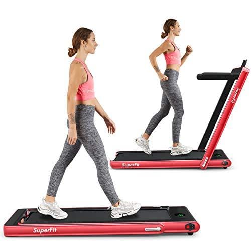 Goplus 2 in 1 Folding Treadmill, 2.25HP Under Desk Electric Treadmill, Installation-Free, with Bluetooth Speaker, Remote Control and LED Display, Walking Jogging Machine for Home/Office Use (Red) Sports Goplus 