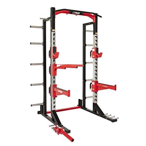 Lifeline Commercial Half Rack - 10 Olympic Plate Storage Horns, 4 Vertical Barbell Storage Tubes, Resistance Band Hooks, Multi-Grip Pull-Up Bar (Dip Station & Weights not Included), Black/Red (LLCHR) Sports Lifeline 