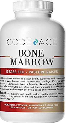 Grass Fed Bone Marrow - 180 Count - Full Spectrum Whole Bone Extract (Bone Marrow Cartilage & Collagen) Cold Processed Pasture Raised NO Hormones NO Antibiotics NO Chemicals NO GMOs Supplement Code Age 