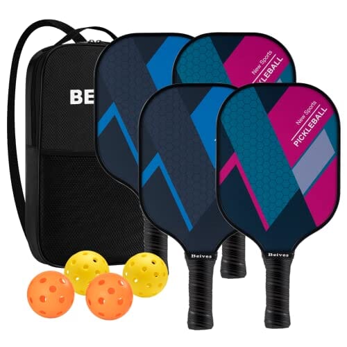Beives Pickleball Paddles Set of 4 Pickleball Rackets Lightweight Pickleball Sets, 4 Pickleball Racquets and 4 Balls Including Portable Carry Bag (Red+Blue) Sports Beives 