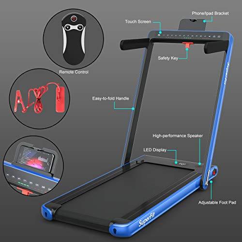 Goplus 2 in 1 Folding Treadmill, 2.25HP Under Desk Electric Pad Treadmill, Installation-Free, with Dual Display, Bluetooth Speaker, Remote Control, Walking Jogging Machine for Home/Office Use (Blue) Sports Goplus 
