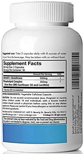 Superior Liposomal Glutathione (Setria®) - Pure Reduced Non-GMO Glutathione 500mg, Master Antioxidant for Optimal Cell Protection, Liver Detox, Cardiovascular Health, Brain Function, Detoxification. Supplement Code Age 